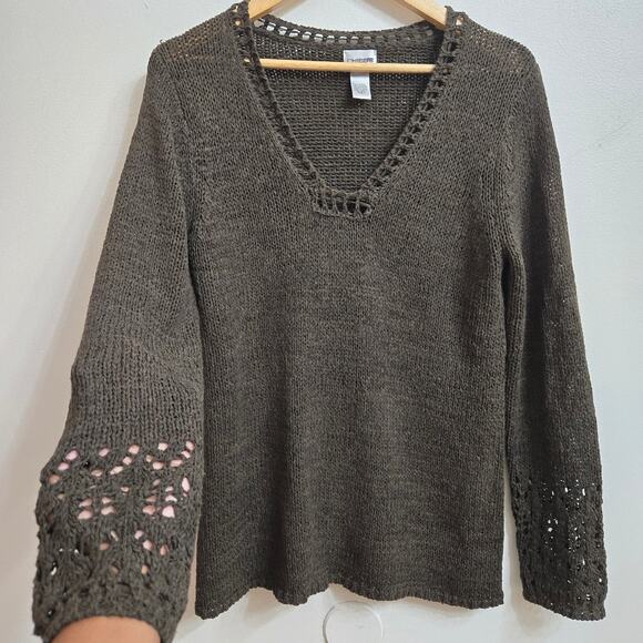 Chicos Womens Goblin Boho Forest Green Crotchet Trim Knit V-Neck Sweater Size 1 - Picture 3 of 12